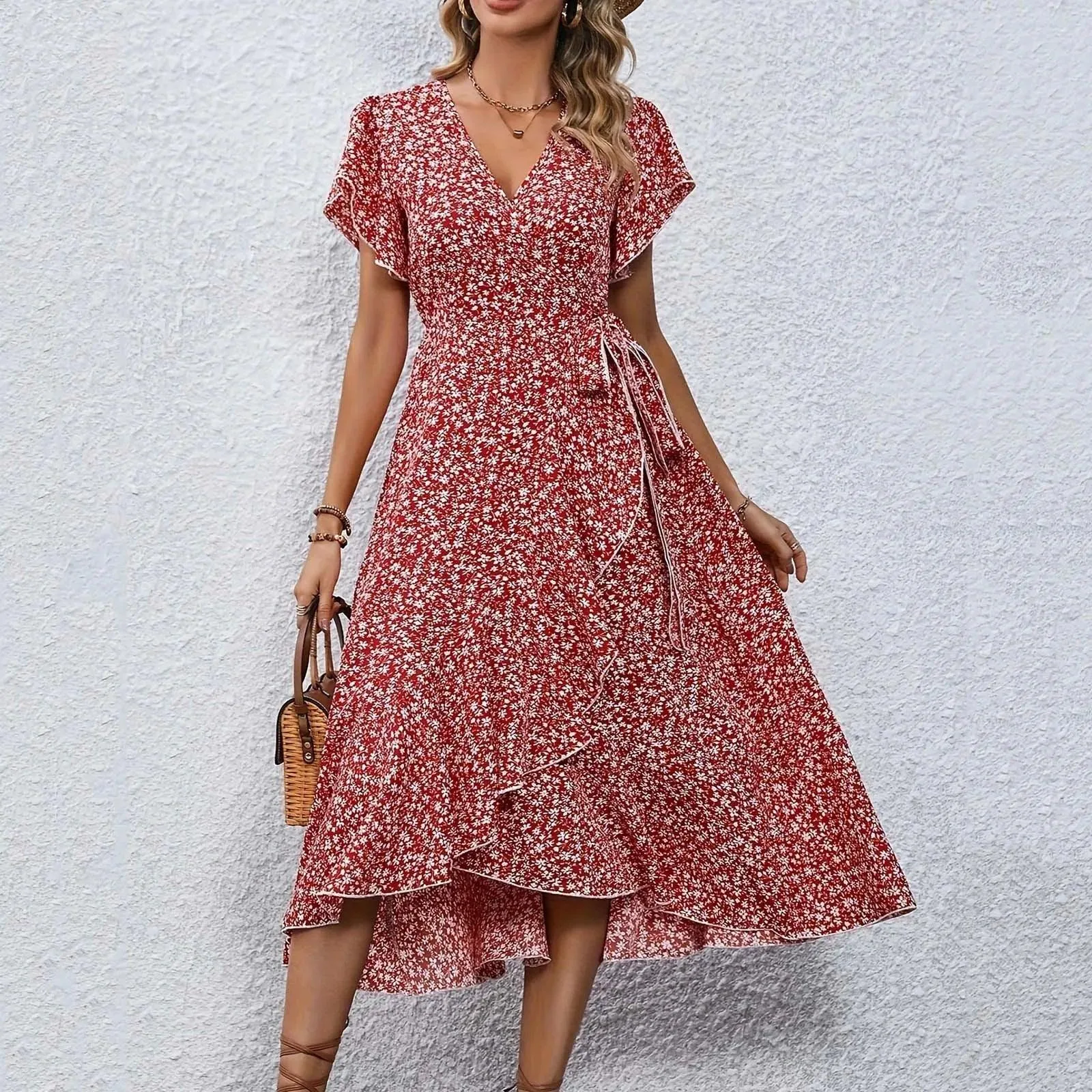 Women's Flowy Split Midi Floral Wrap Dress Summer Irregular High Waist Boho Long Dress A-Line V-Neck Holiday Beach Sundress