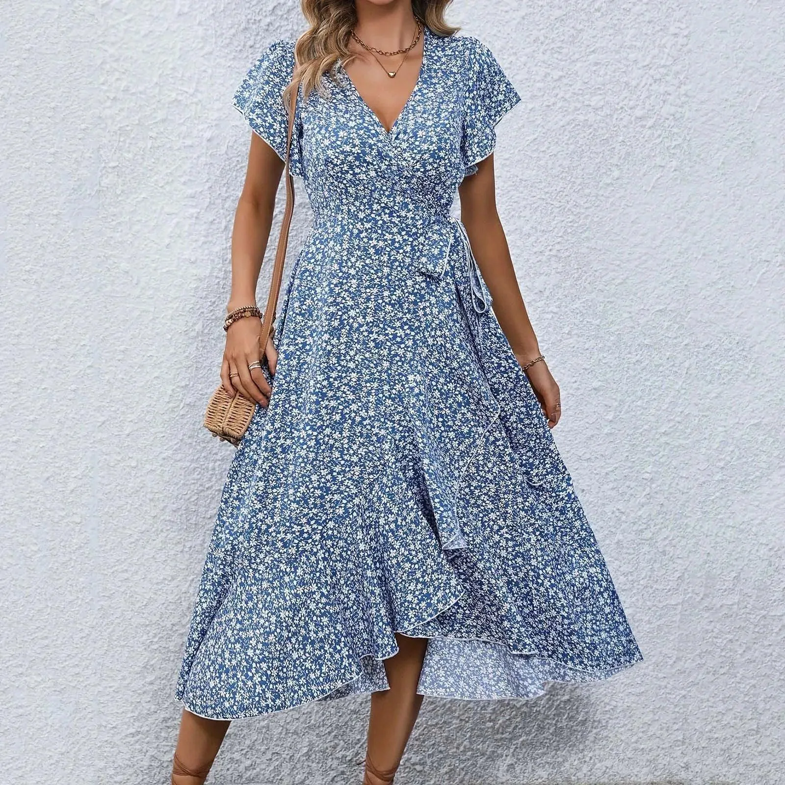 Women's Flowy Split Midi Floral Wrap Dress Summer Irregular High Waist Boho Long Dress A-Line V-Neck Holiday Beach Sundress