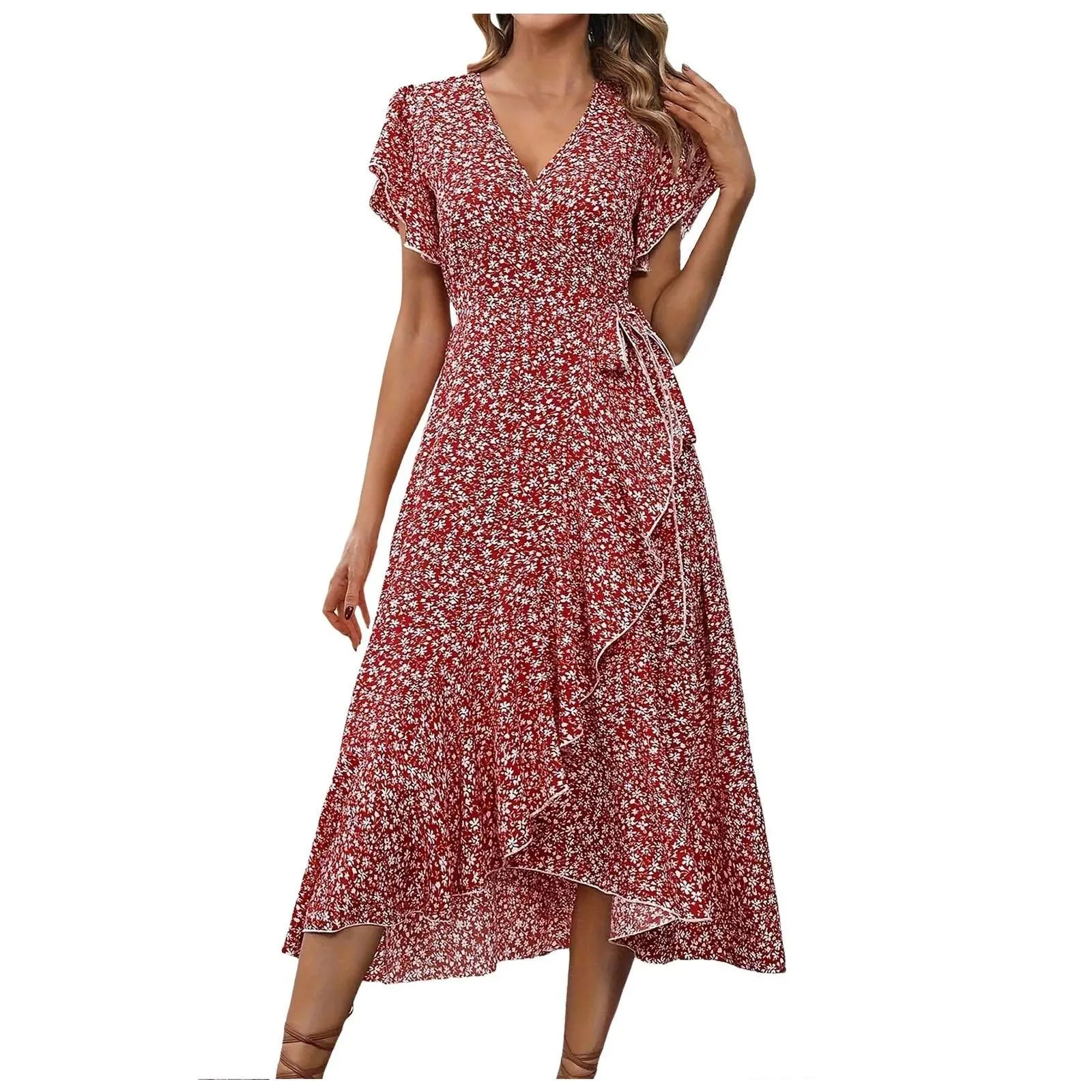 Women's Flowy Split Midi Floral Wrap Dress Summer Irregular High Waist Boho Long Dress A-Line V-Neck Holiday Beach Sundress