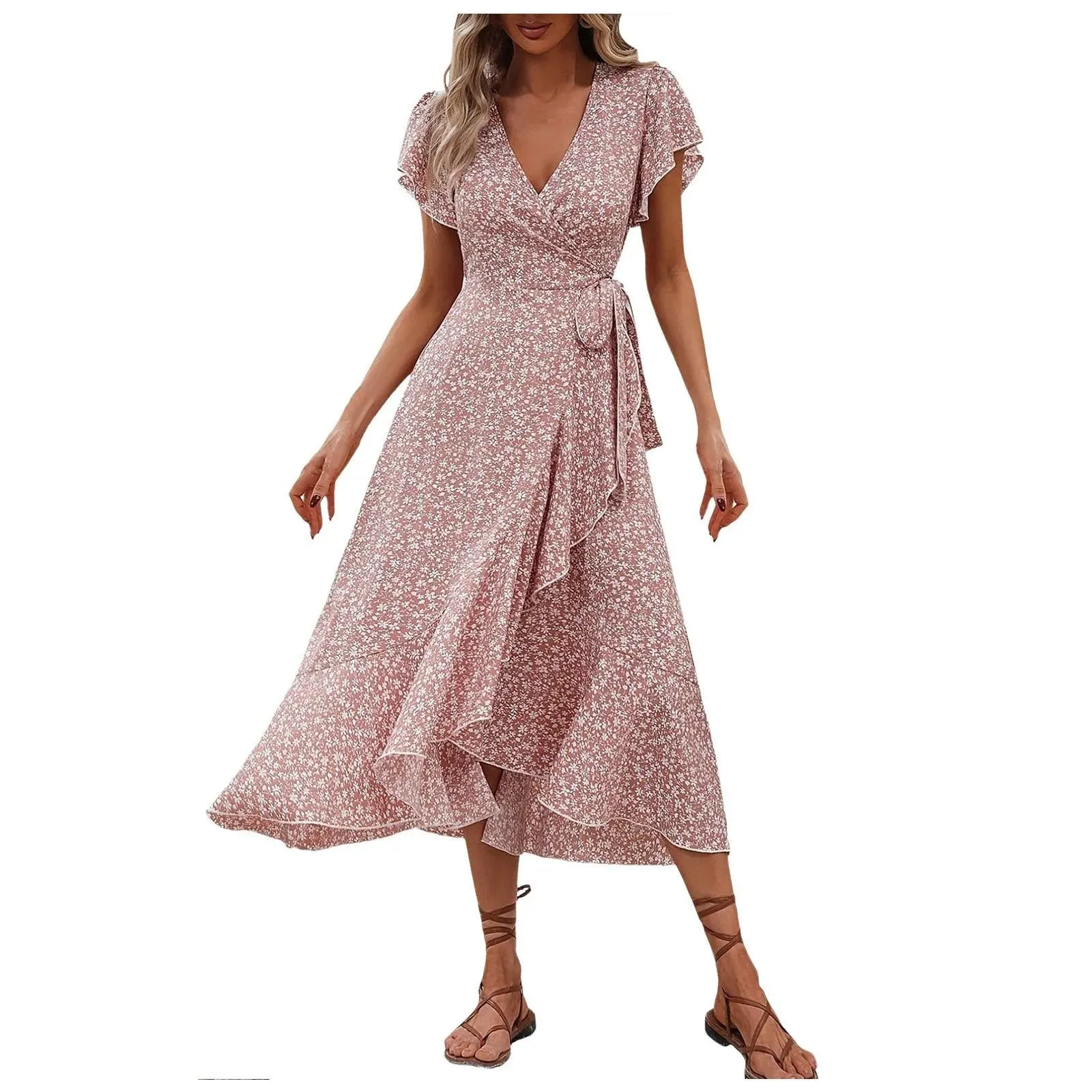 Women's Flowy Split Midi Floral Wrap Dress Summer Irregular High Waist Boho Long Dress A-Line V-Neck Holiday Beach Sundress