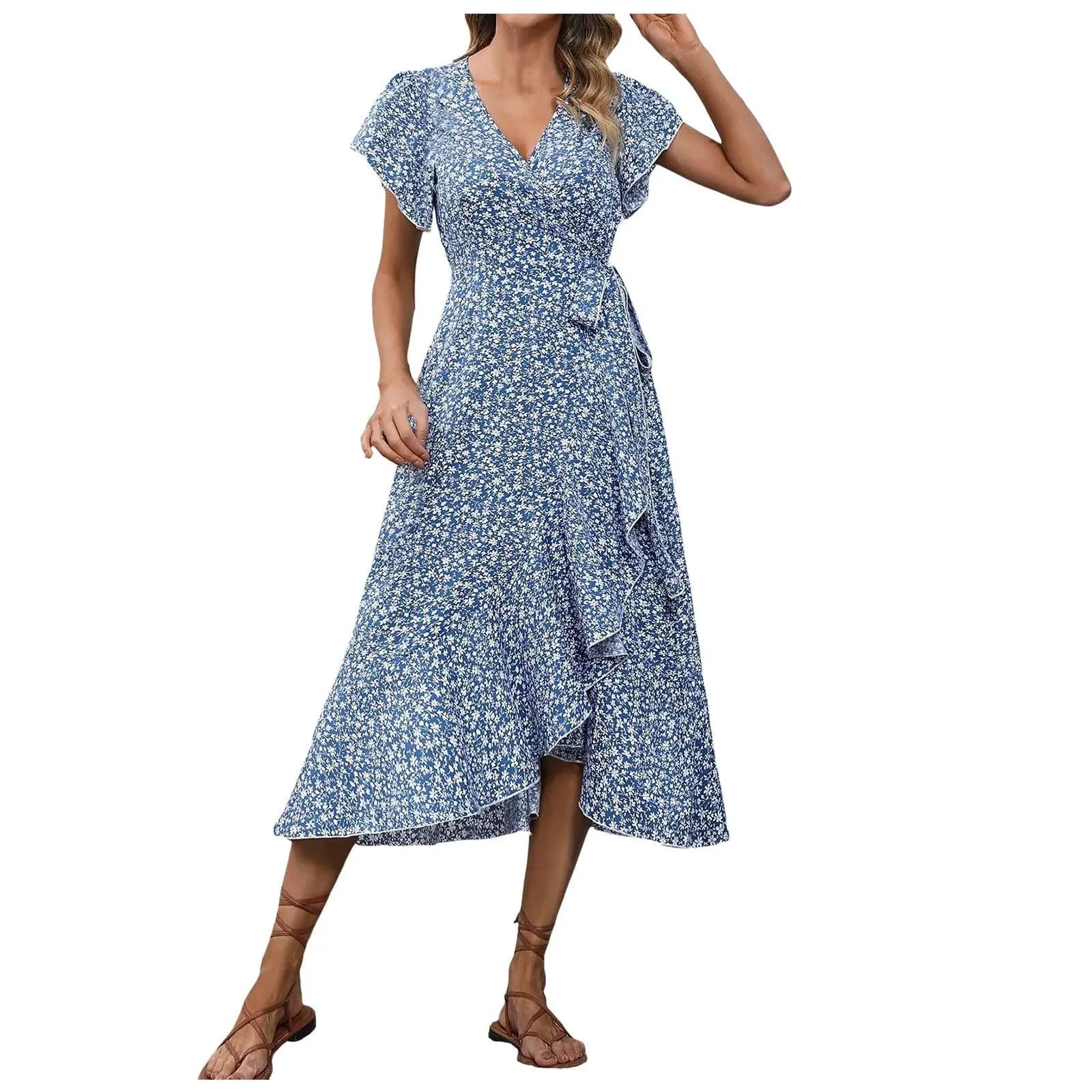 Women's Flowy Split Midi Floral Wrap Dress Summer Irregular High Waist Boho Long Dress A-Line V-Neck Holiday Beach Sundress