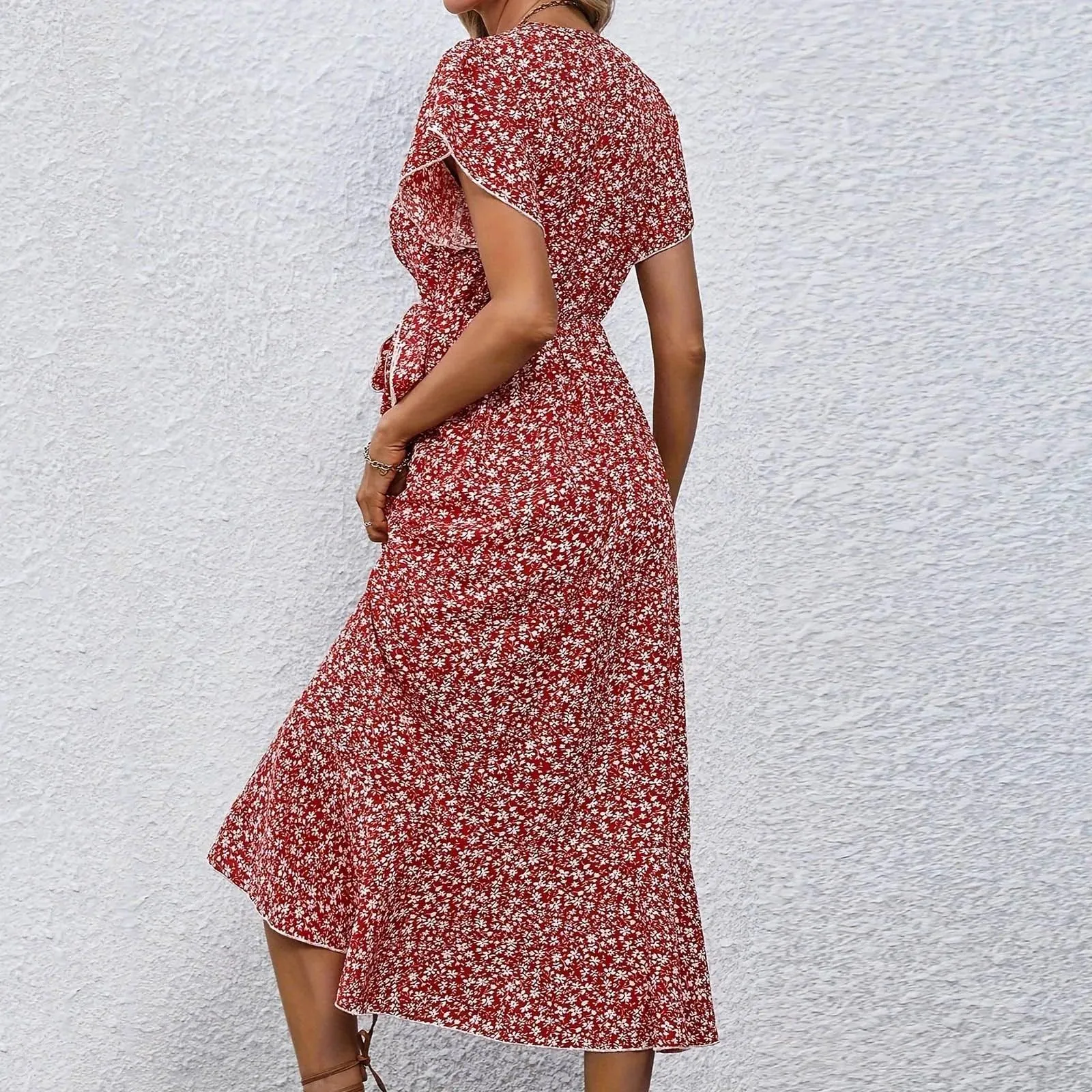 Women's Flowy Split Midi Floral Wrap Dress Summer Irregular High Waist Boho Long Dress A-Line V-Neck Holiday Beach Sundress