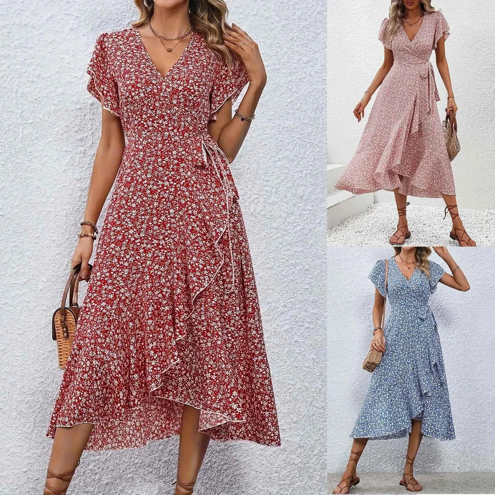 Women's Flowy Split Midi Floral Wrap Dress Summer Irregular High Waist Boho Long Dress A-Line V-Neck Holiday Beach Sundress