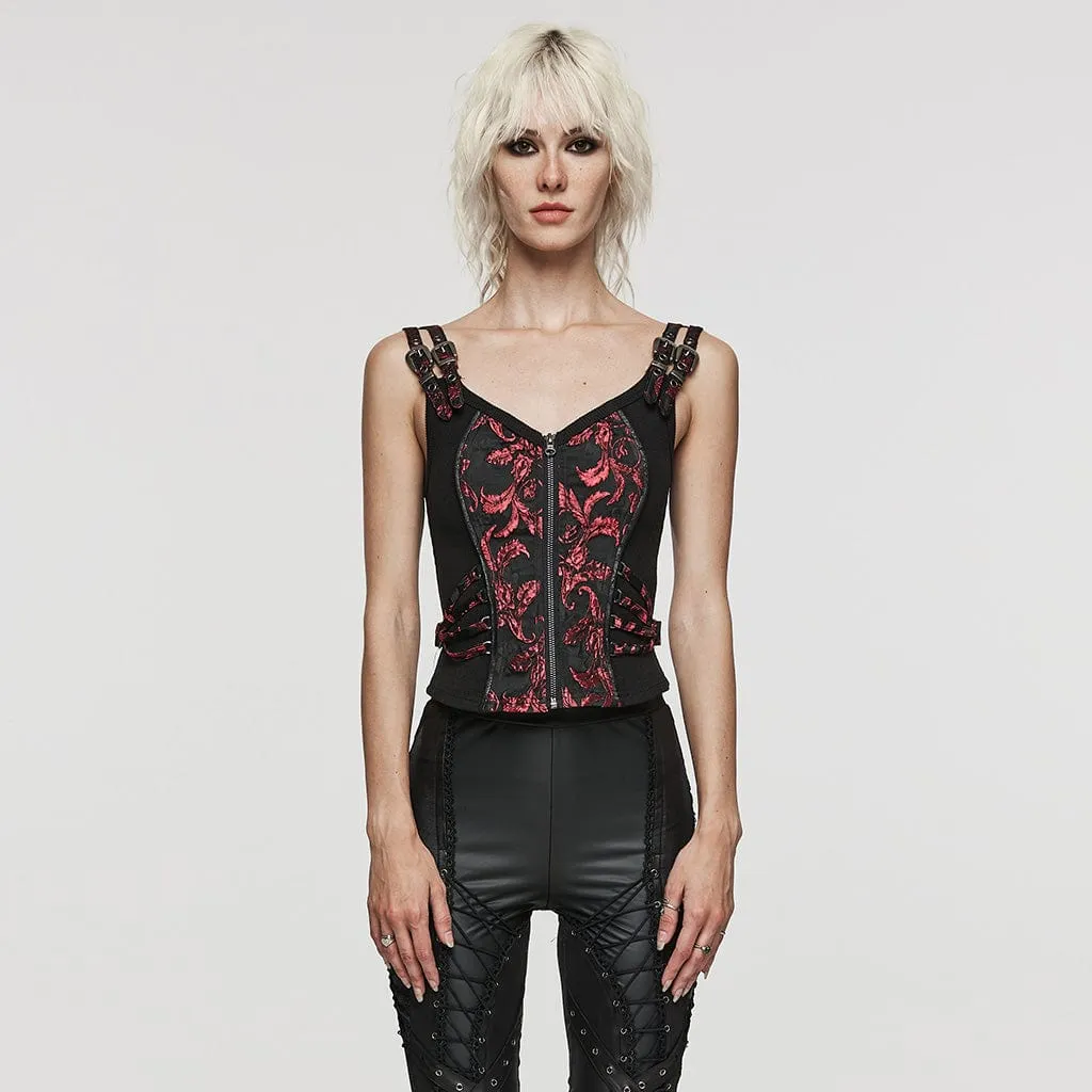 Women's Gothic Leaf Printed Buckle Vest