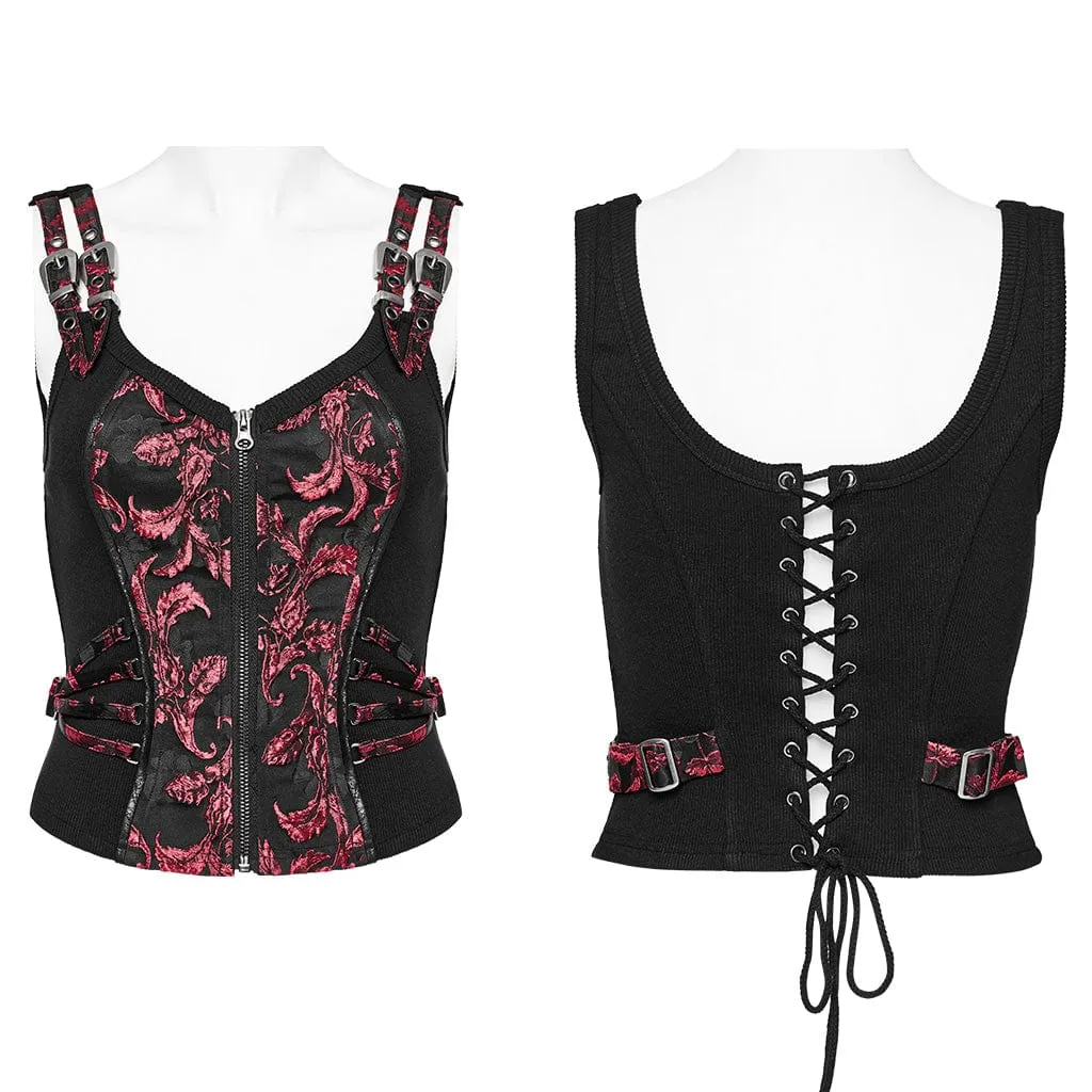 Women's Gothic Leaf Printed Buckle Vest