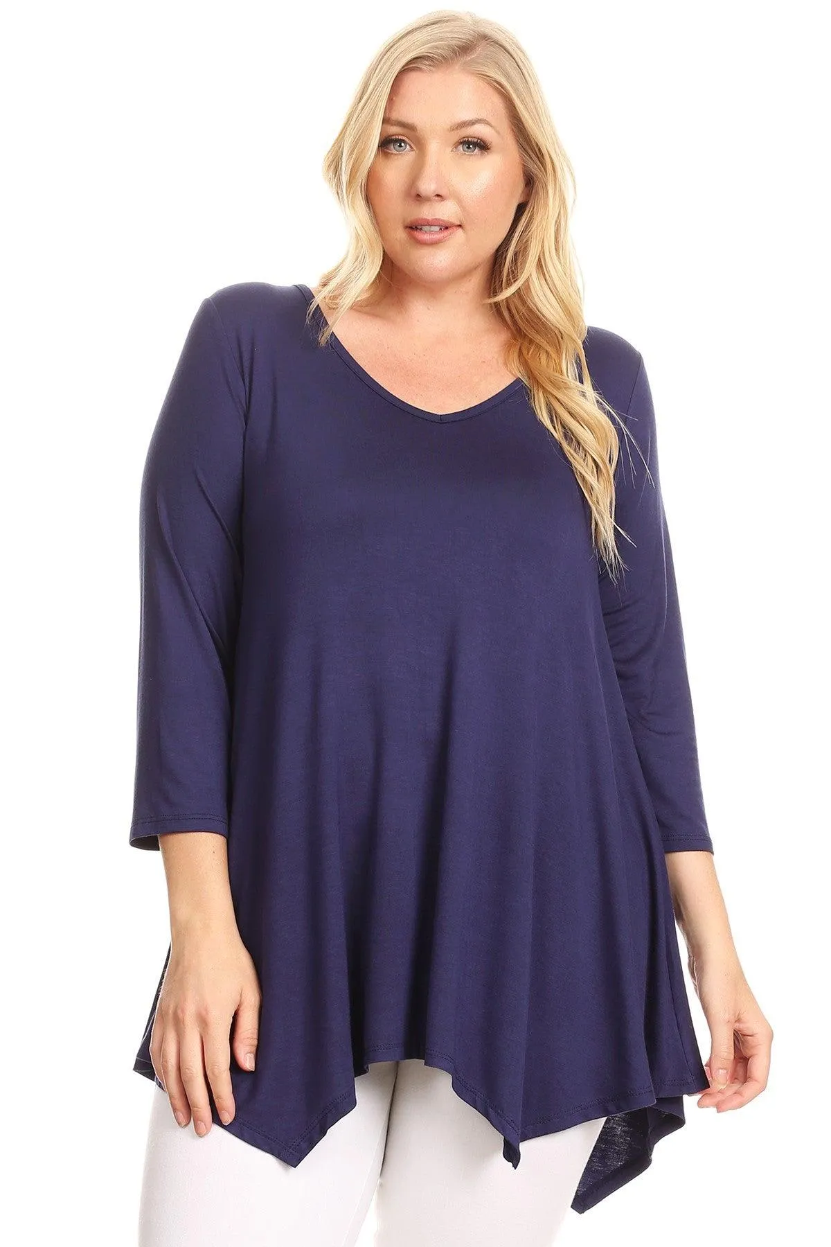 Women's Plus size Knit Tunic Tops Asymmetrical 3/4 Sleeve V-Neck Flowy Blouse