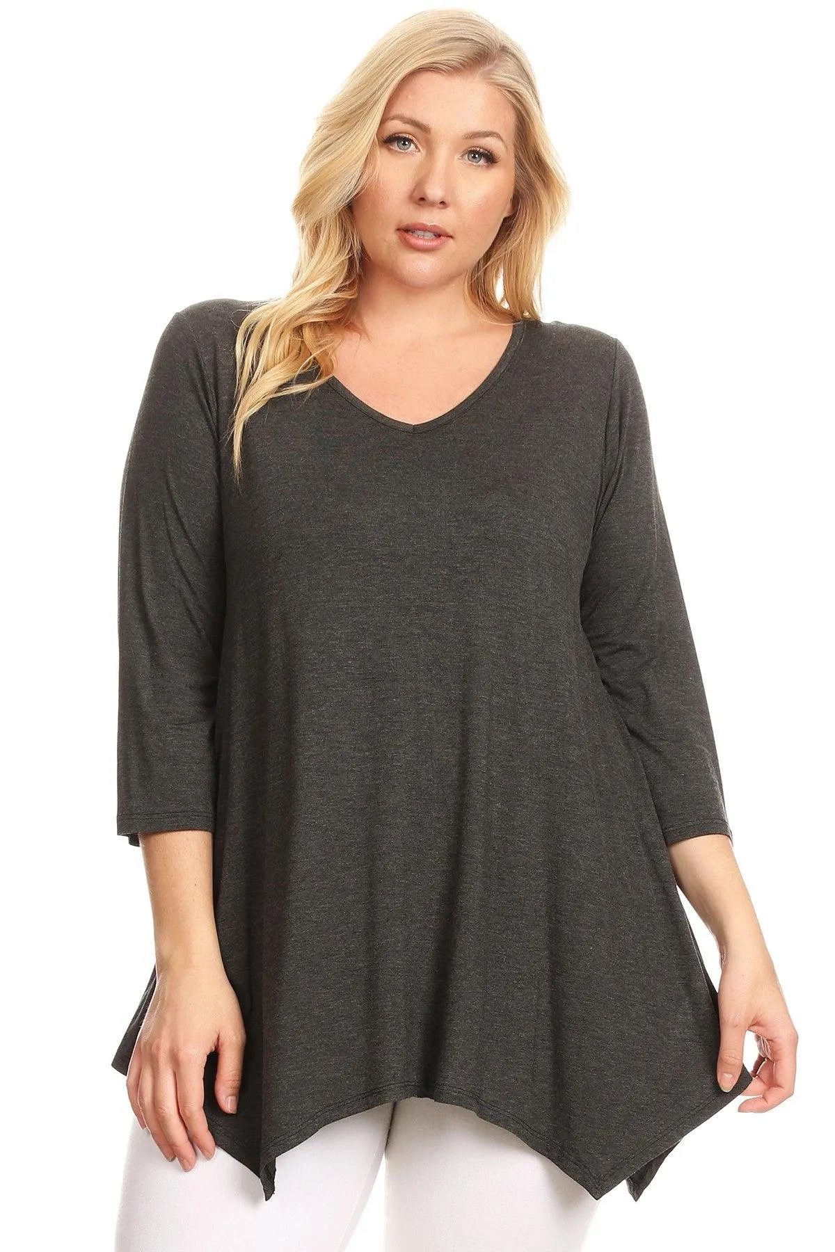 Women's Plus size Knit Tunic Tops Asymmetrical 3/4 Sleeve V-Neck Flowy Blouse