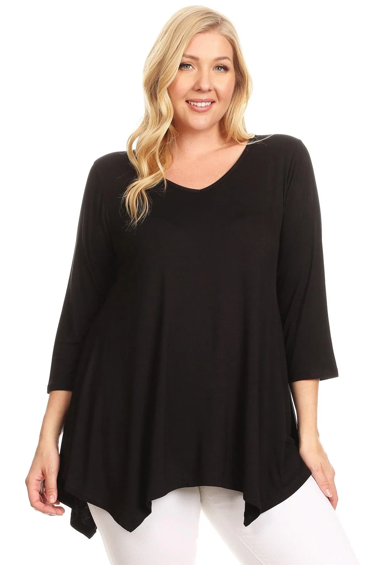 Women's Plus size Knit Tunic Tops Asymmetrical 3/4 Sleeve V-Neck Flowy Blouse