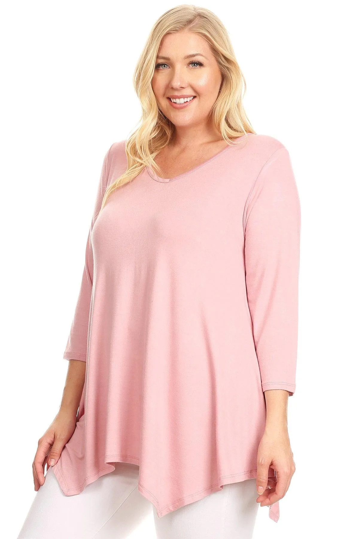 Women's Plus size Knit Tunic Tops Asymmetrical 3/4 Sleeve V-Neck Flowy Blouse