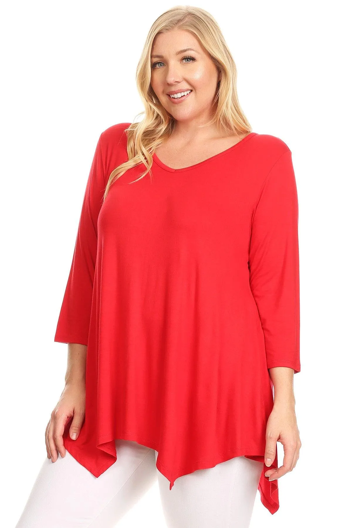 Women's Plus size Knit Tunic Tops Asymmetrical 3/4 Sleeve V-Neck Flowy Blouse