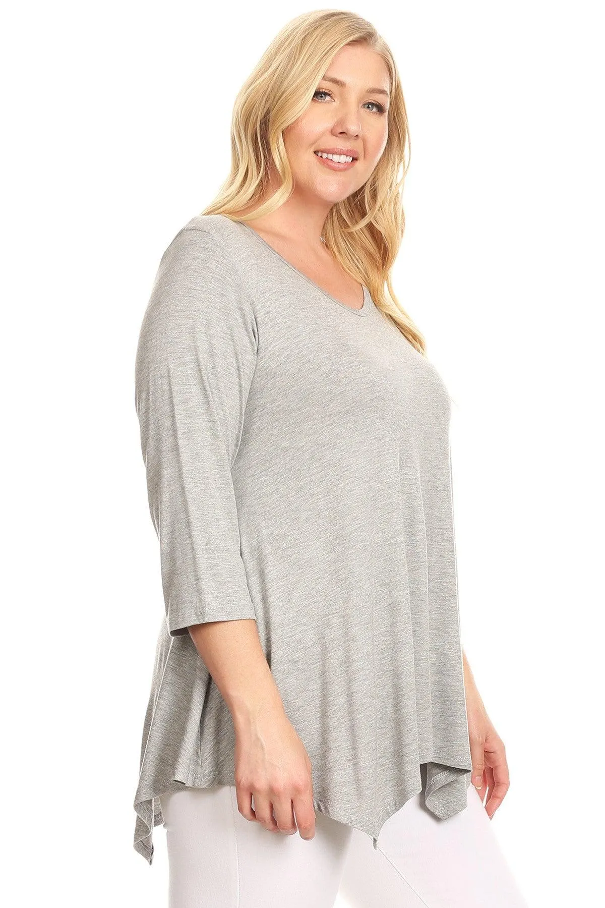 Women's Plus size Knit Tunic Tops Asymmetrical 3/4 Sleeve V-Neck Flowy Blouse