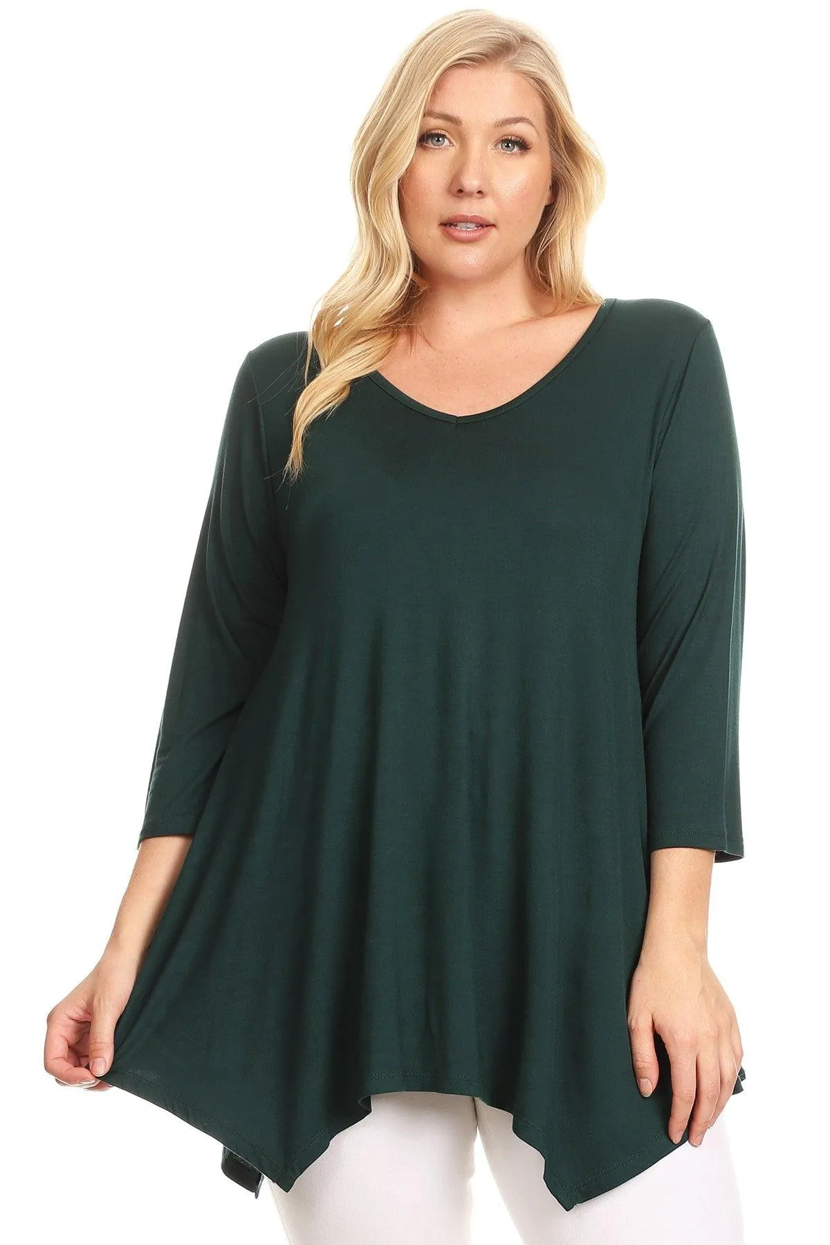 Women's Plus size Knit Tunic Tops Asymmetrical 3/4 Sleeve V-Neck Flowy Blouse