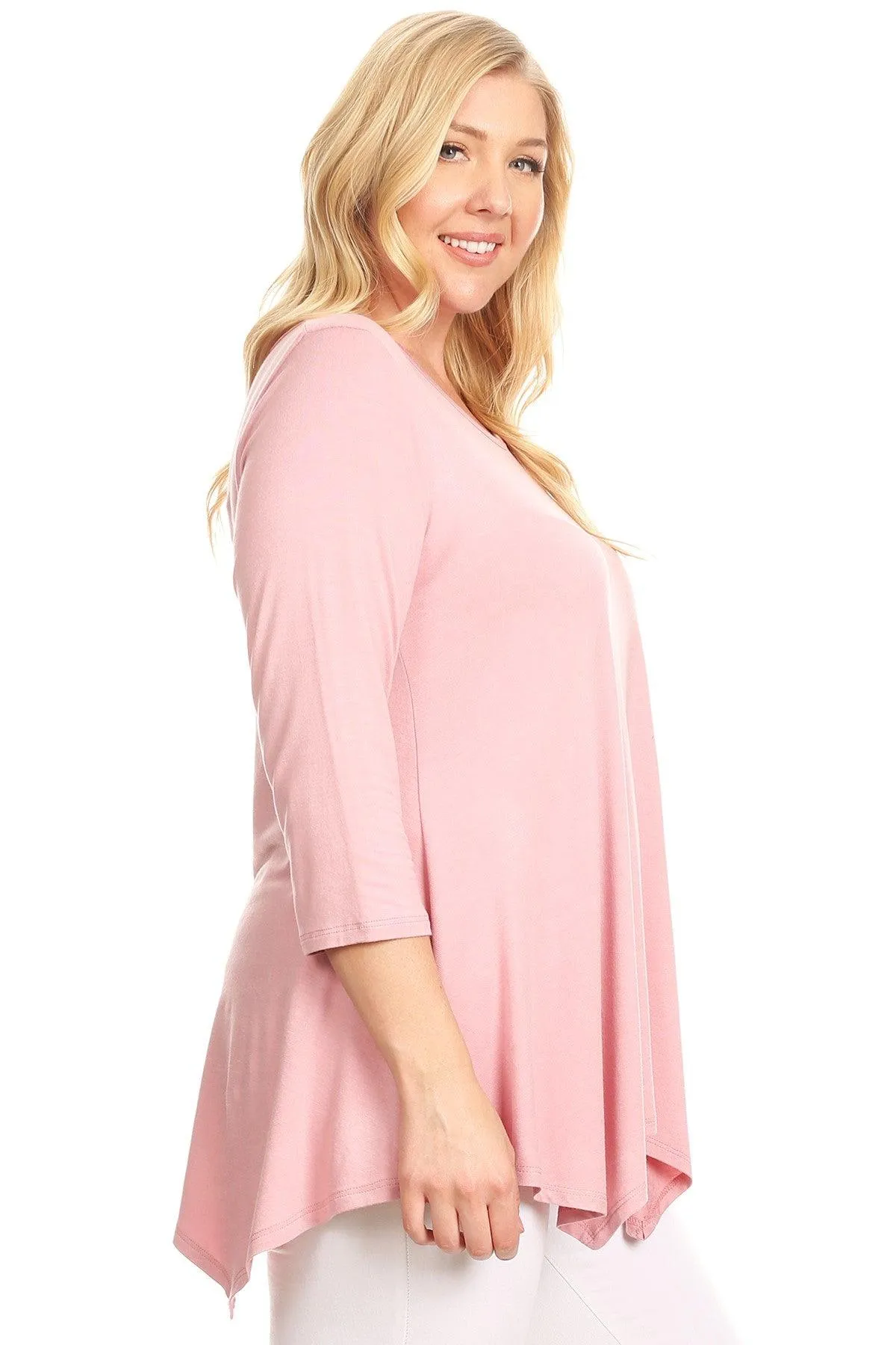 Women's Plus size Knit Tunic Tops Asymmetrical 3/4 Sleeve V-Neck Flowy Blouse