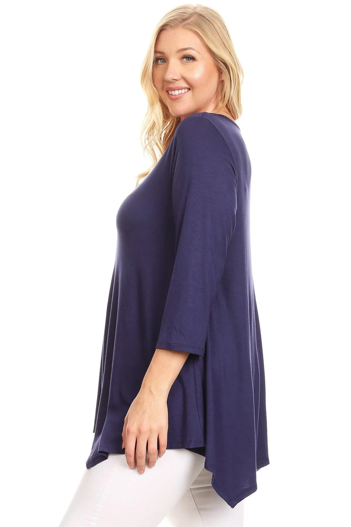 Women's Plus size Knit Tunic Tops Asymmetrical 3/4 Sleeve V-Neck Flowy Blouse