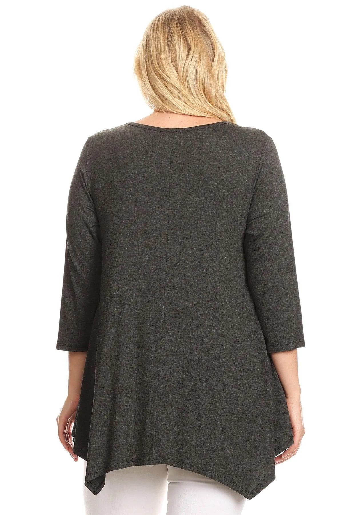 Women's Plus size Knit Tunic Tops Asymmetrical 3/4 Sleeve V-Neck Flowy Blouse