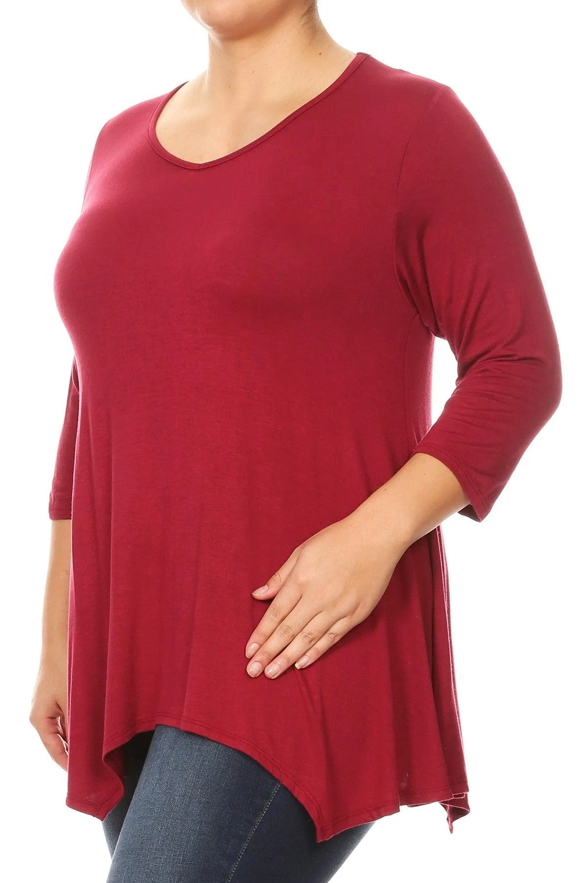 Women's Plus size Knit Tunic Tops Asymmetrical 3/4 Sleeve V-Neck Flowy Blouse