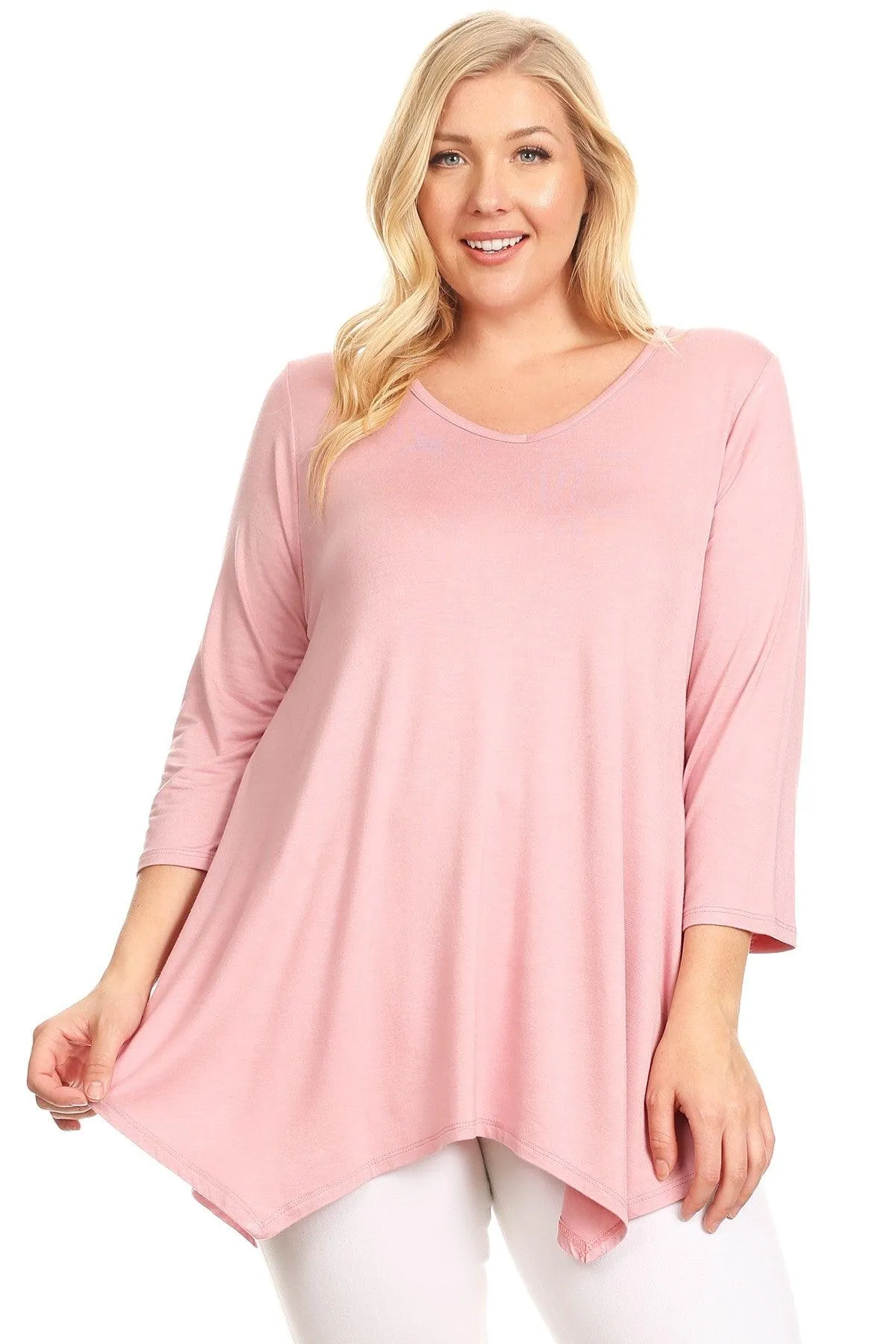 Women's Plus size Knit Tunic Tops Asymmetrical 3/4 Sleeve V-Neck Flowy Blouse