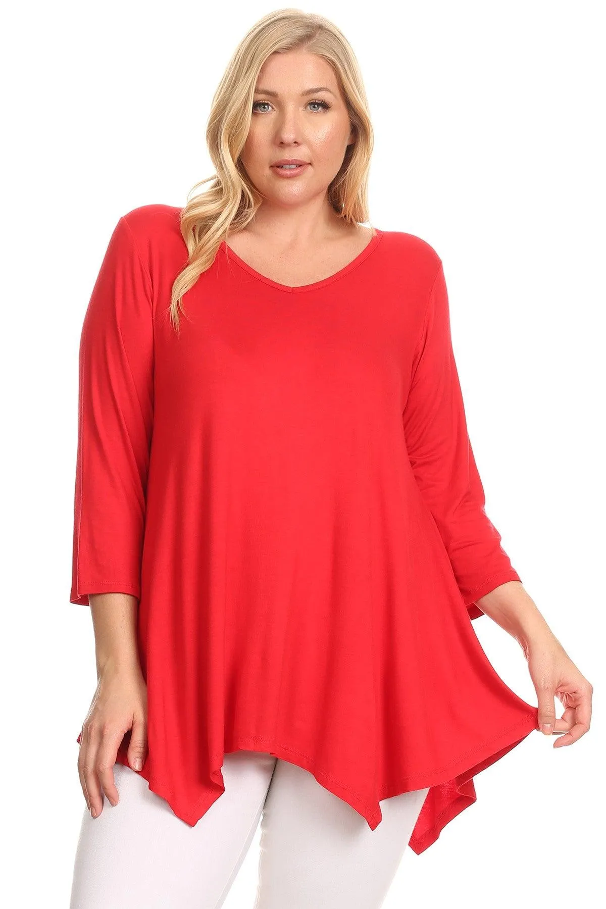 Women's Plus size Knit Tunic Tops Asymmetrical 3/4 Sleeve V-Neck Flowy Blouse