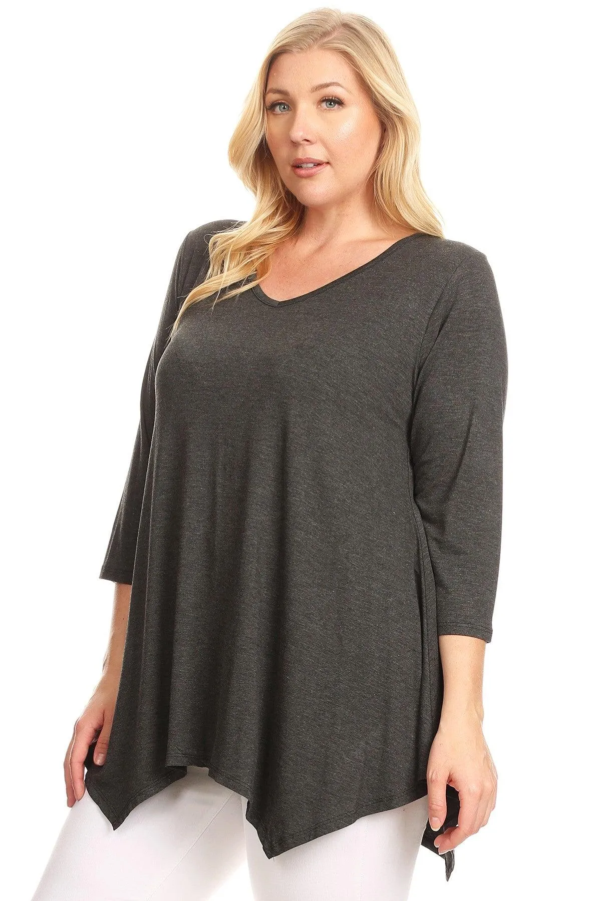 Women's Plus size Knit Tunic Tops Asymmetrical 3/4 Sleeve V-Neck Flowy Blouse