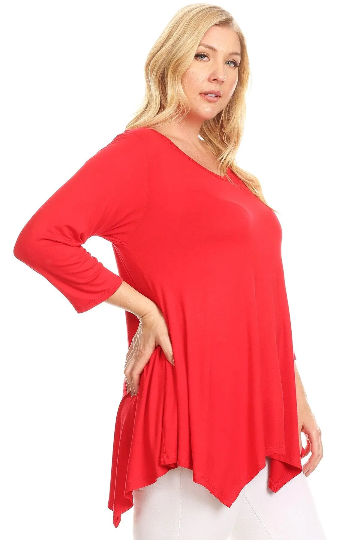 Women's Plus size Knit Tunic Tops Asymmetrical 3/4 Sleeve V-Neck Flowy Blouse