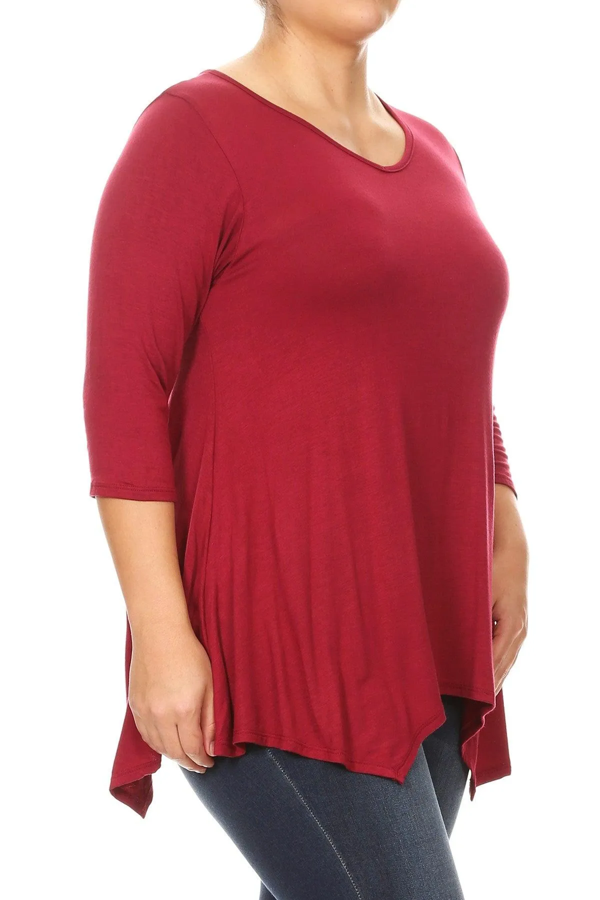 Women's Plus size Knit Tunic Tops Asymmetrical 3/4 Sleeve V-Neck Flowy Blouse