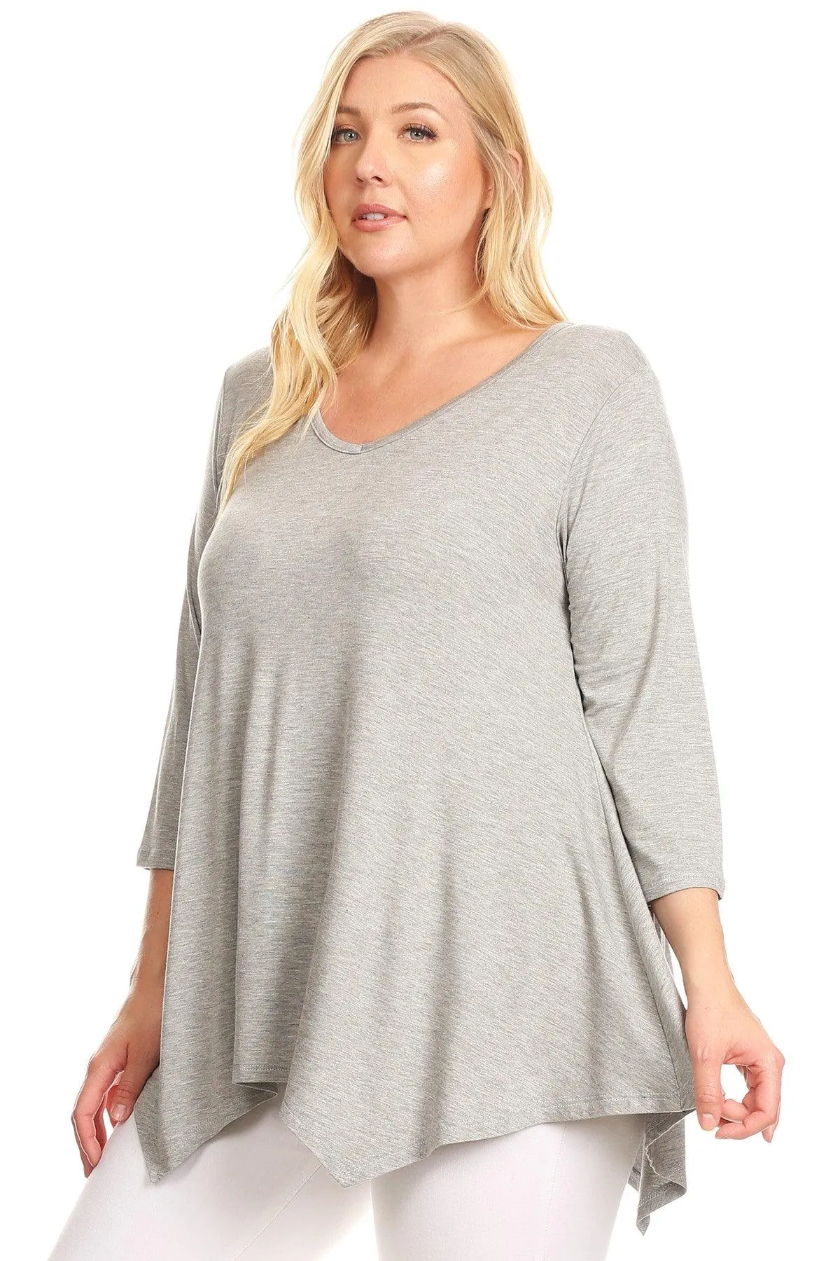 Women's Plus size Knit Tunic Tops Asymmetrical 3/4 Sleeve V-Neck Flowy Blouse