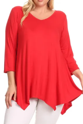 Women's Plus size Knit Tunic Tops Asymmetrical 3/4 Sleeve V-Neck Flowy Blouse