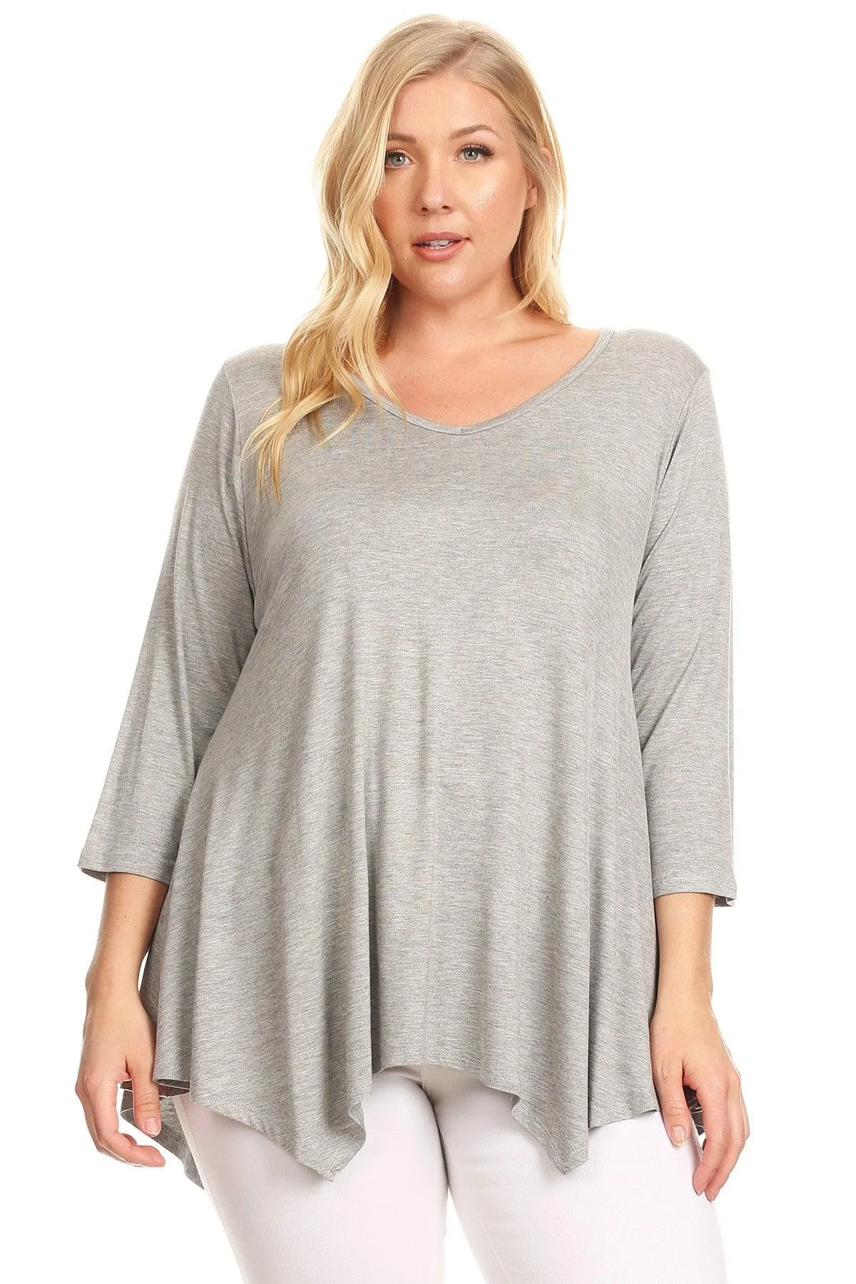 Women's Plus size Knit Tunic Tops Asymmetrical 3/4 Sleeve V-Neck Flowy Blouse