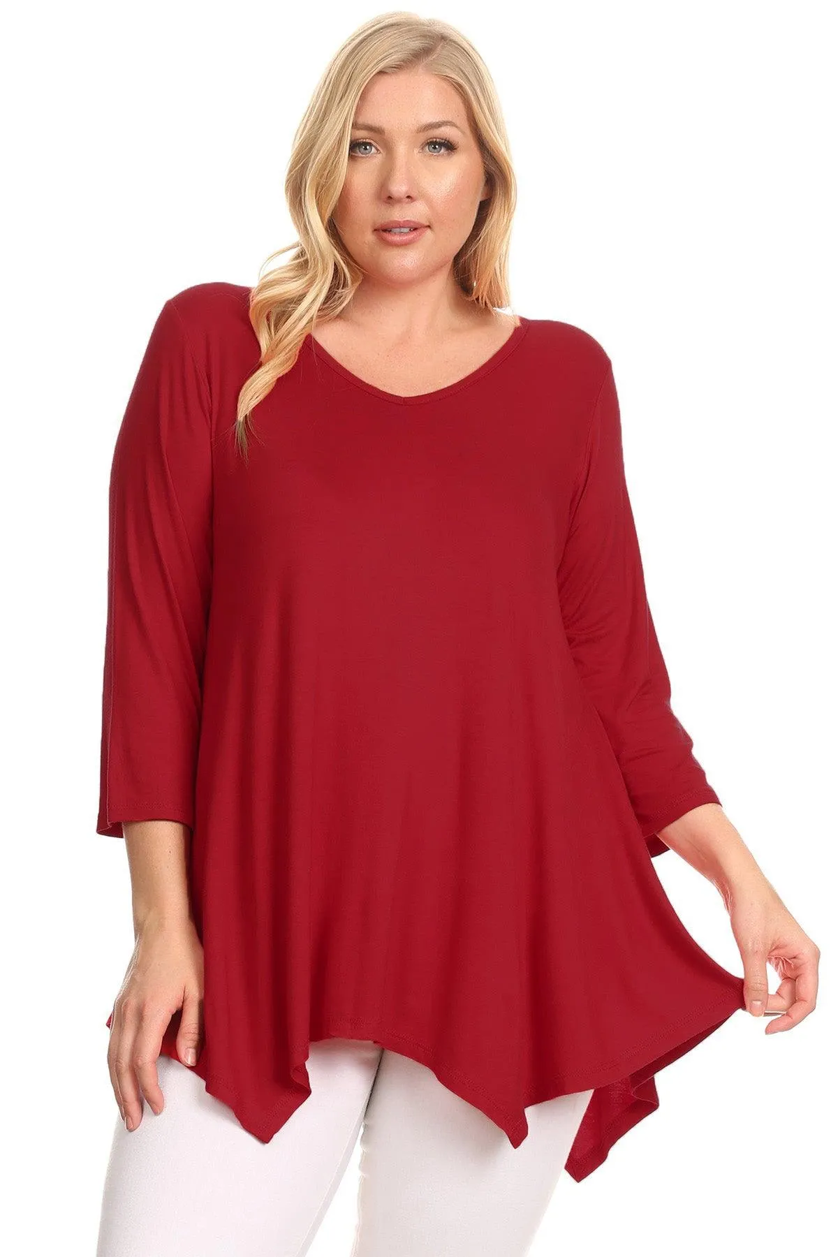 Women's Plus size Knit Tunic Tops Asymmetrical 3/4 Sleeve V-Neck Flowy Blouse