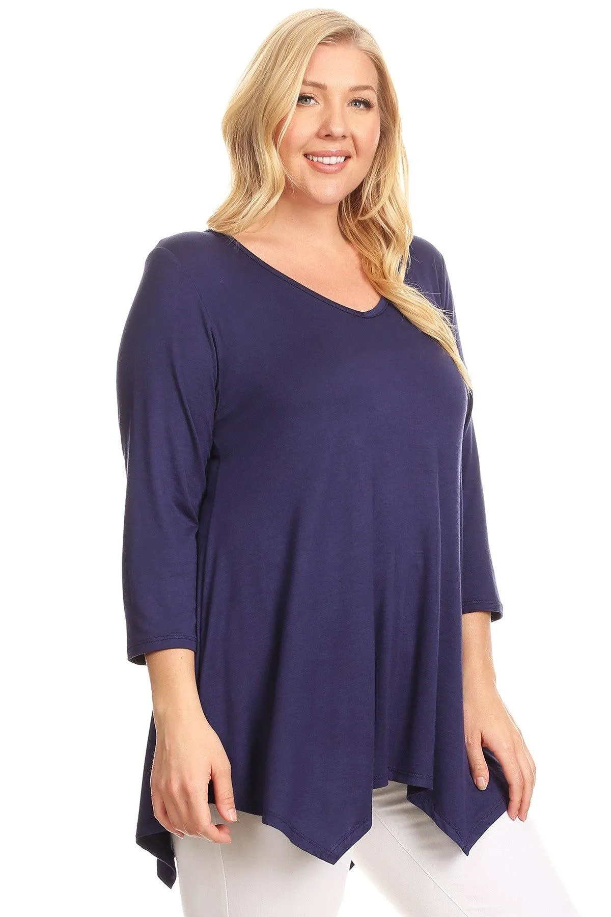 Women's Plus size Knit Tunic Tops Asymmetrical 3/4 Sleeve V-Neck Flowy Blouse