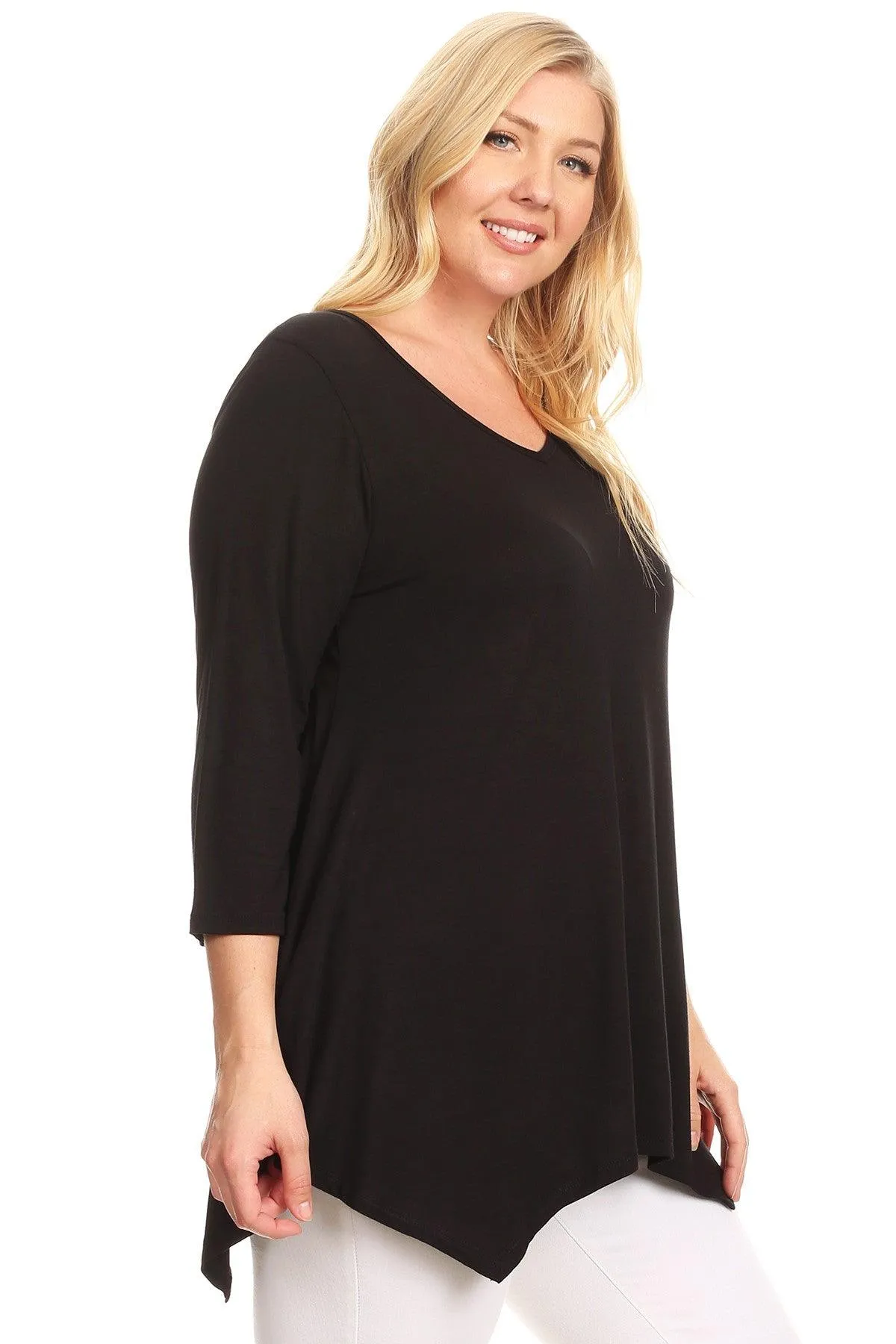 Women's Plus size Knit Tunic Tops Asymmetrical 3/4 Sleeve V-Neck Flowy Blouse