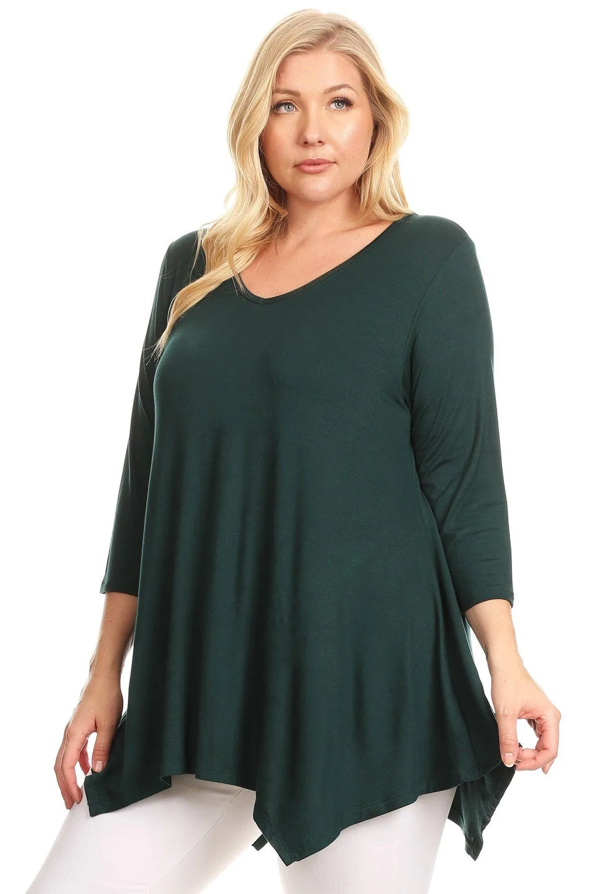 Women's Plus size Knit Tunic Tops Asymmetrical 3/4 Sleeve V-Neck Flowy Blouse