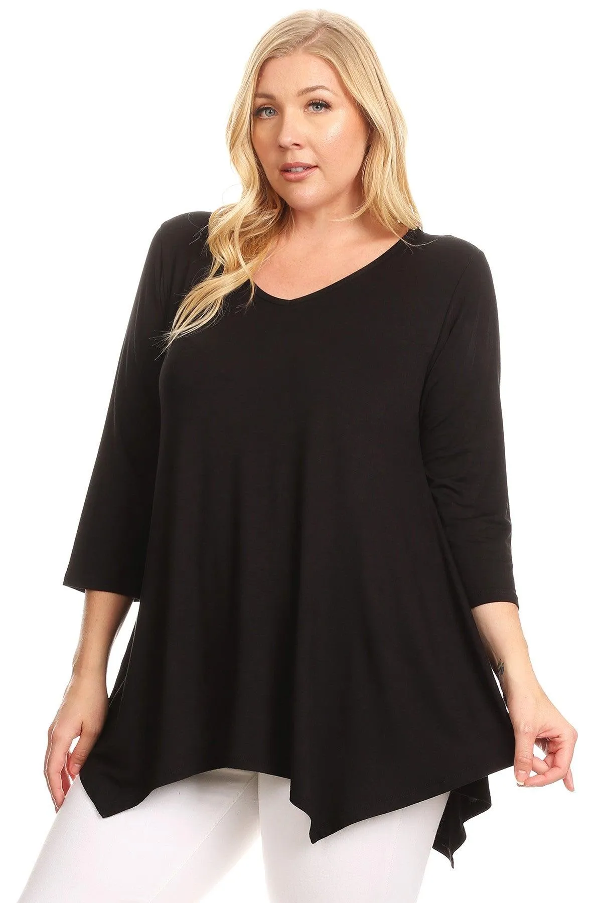 Women's Plus size Knit Tunic Tops Asymmetrical 3/4 Sleeve V-Neck Flowy Blouse