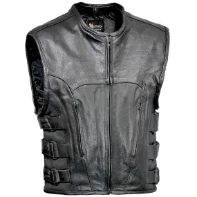 Xelement B95085 Black Leather Motorcycle Vest for Men - Advanced Triple Adjustable Sides Strap